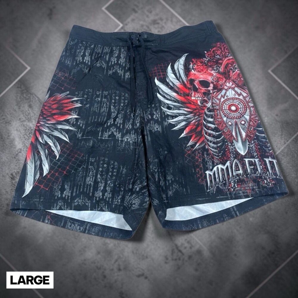 MMA Elite Board Shorts Swim Trunks Mens LARGE Skull Rose Feathers  Y2K Grunge‎